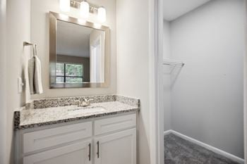 A bathroom with a sink and a mirror